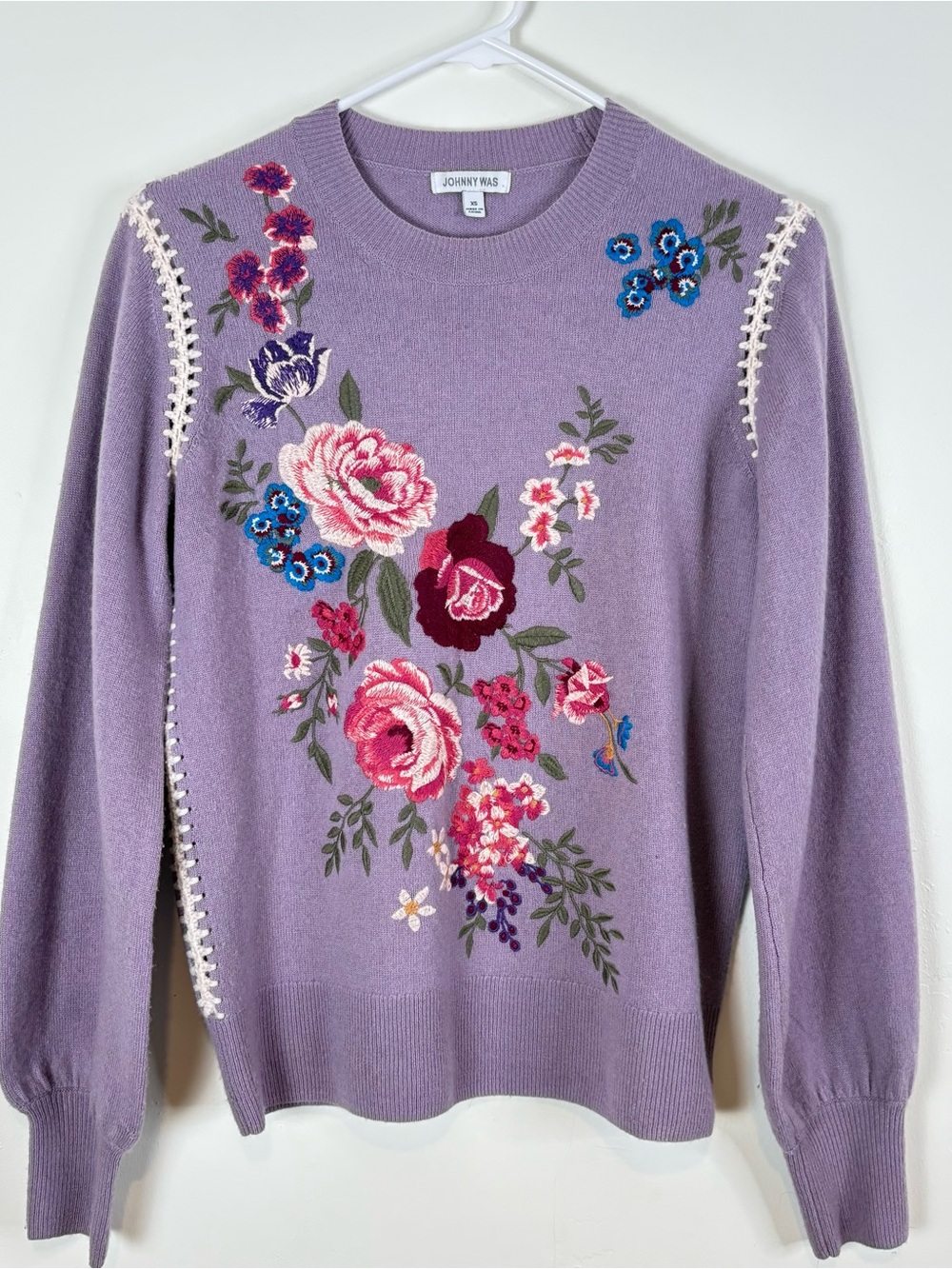 Johnny Was Lavender Floral Embroidered Scoopneck Sweater Wool Cashmere XS
